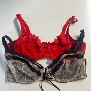 Savage X Fenty Lace Bra Bundle 40D Red Black Tan Unlined Underwire 2pc Dainty